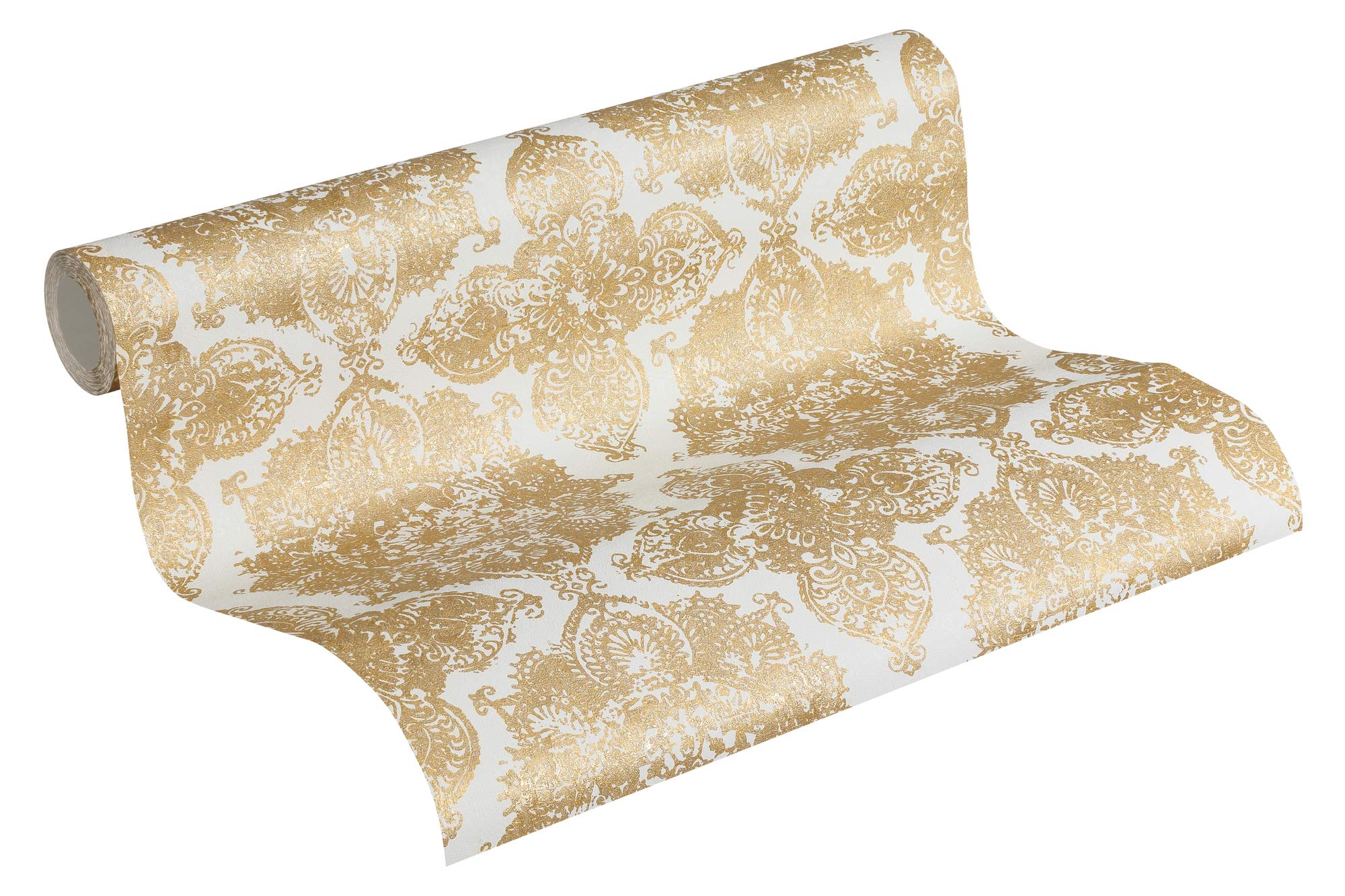 A.S. Création Non-Woven Wallpaper Trendwall Wallpaper with Ornaments Baroque 10.05 m x 0.53 m Gold White 370902 37090-2