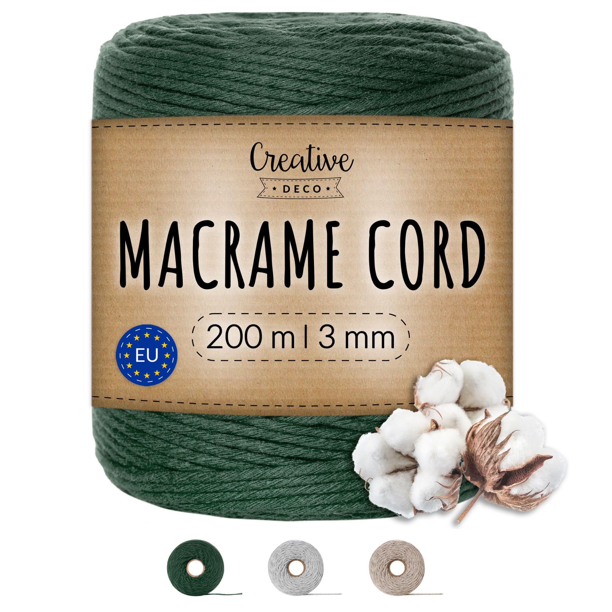Creative Deco 656 Feet Dark Green Macrame Cord | 200m | 3mm Thick | Cotton Rope 30 Ply String Yarn Twine Elastic Cord | for Easter, Art and Craft, DIY, Knitting, Gift Wrapping, Wall, Plant | Strong