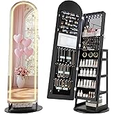 LVSOMT LED Mirror Jewelry Cabinet Standing, Lockable Jewelry Armoire with Arched Full-Length Mirror and Adjustable LED Lights, Space-Saving Jewelry Organizer with Mirror(LED Black)