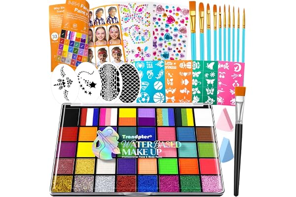 Face Painting Kit for Kids - 40 Color Pro Facepaint Palette Non-Toxic Water Activated, Complete Kit with Brush, Stencil, Sponge, for Birthday Parties, Carnival, Costume Makeup, Festivals & Events