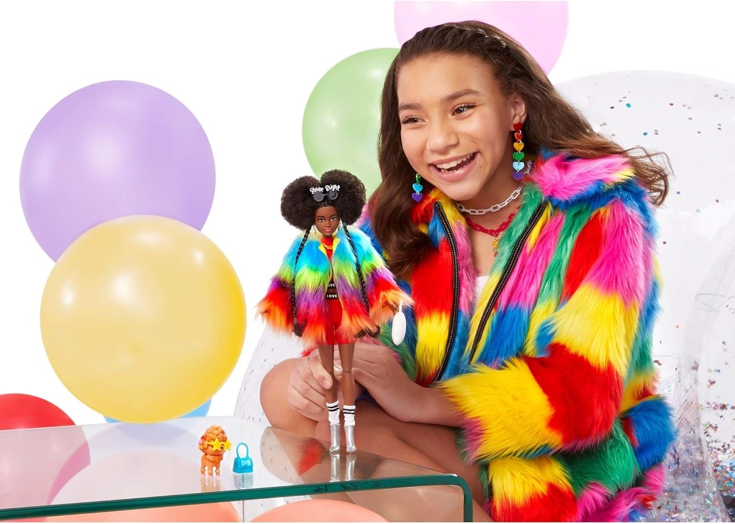Barbie Doll and Accessories, Barbie Extra Fashion Doll with Afro-Puffs and Shaggy Rainbow Coat, Pet Poodle, GVR04 - Image 5