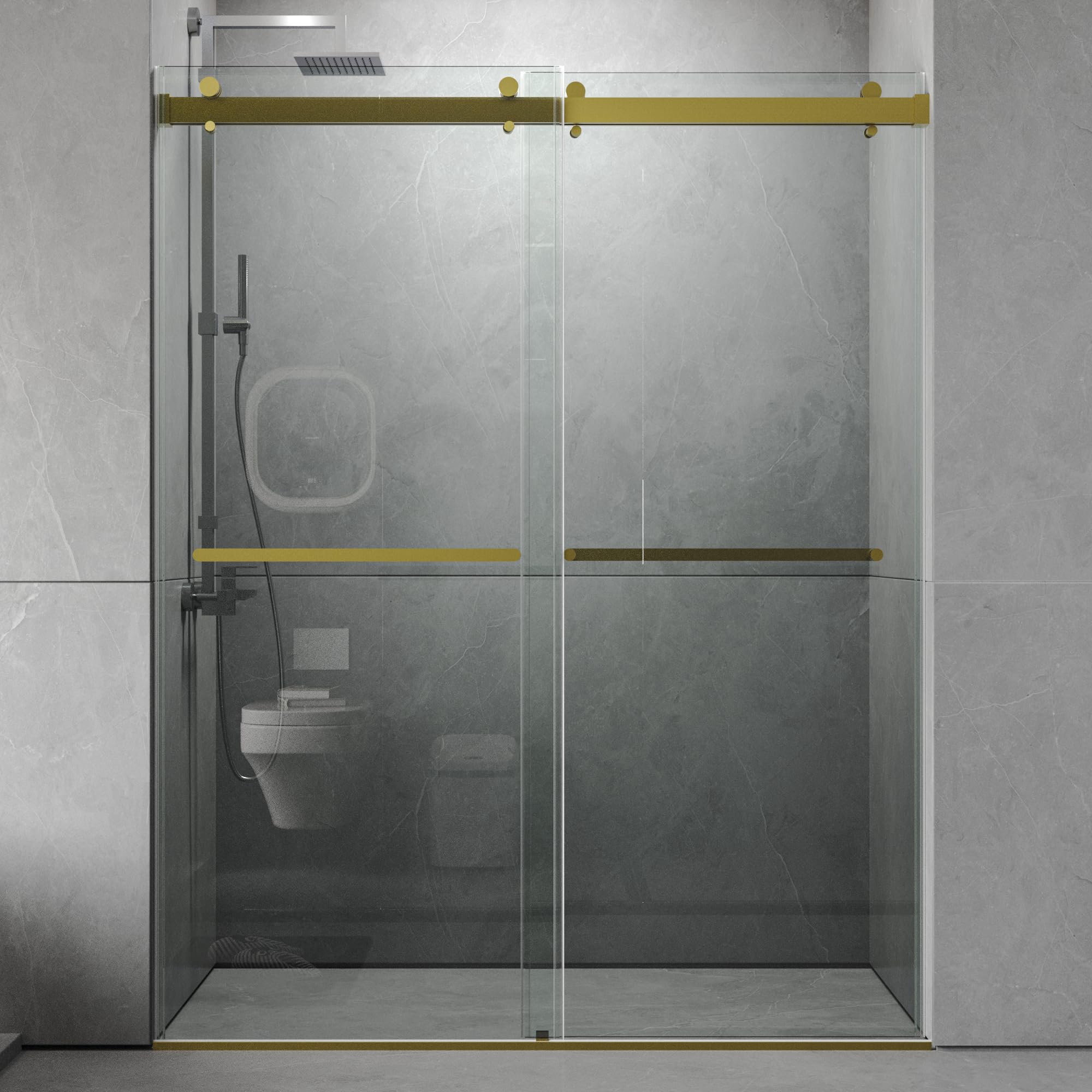 Photo 1 of ROOMTEC 56 to 60'' W x 76'' H Frameless Shower Door, Double Sliding Shower Door with Premium 3/8'' (10mm) Thick Tempered Glass, Stainless Steel, Brushed Gold