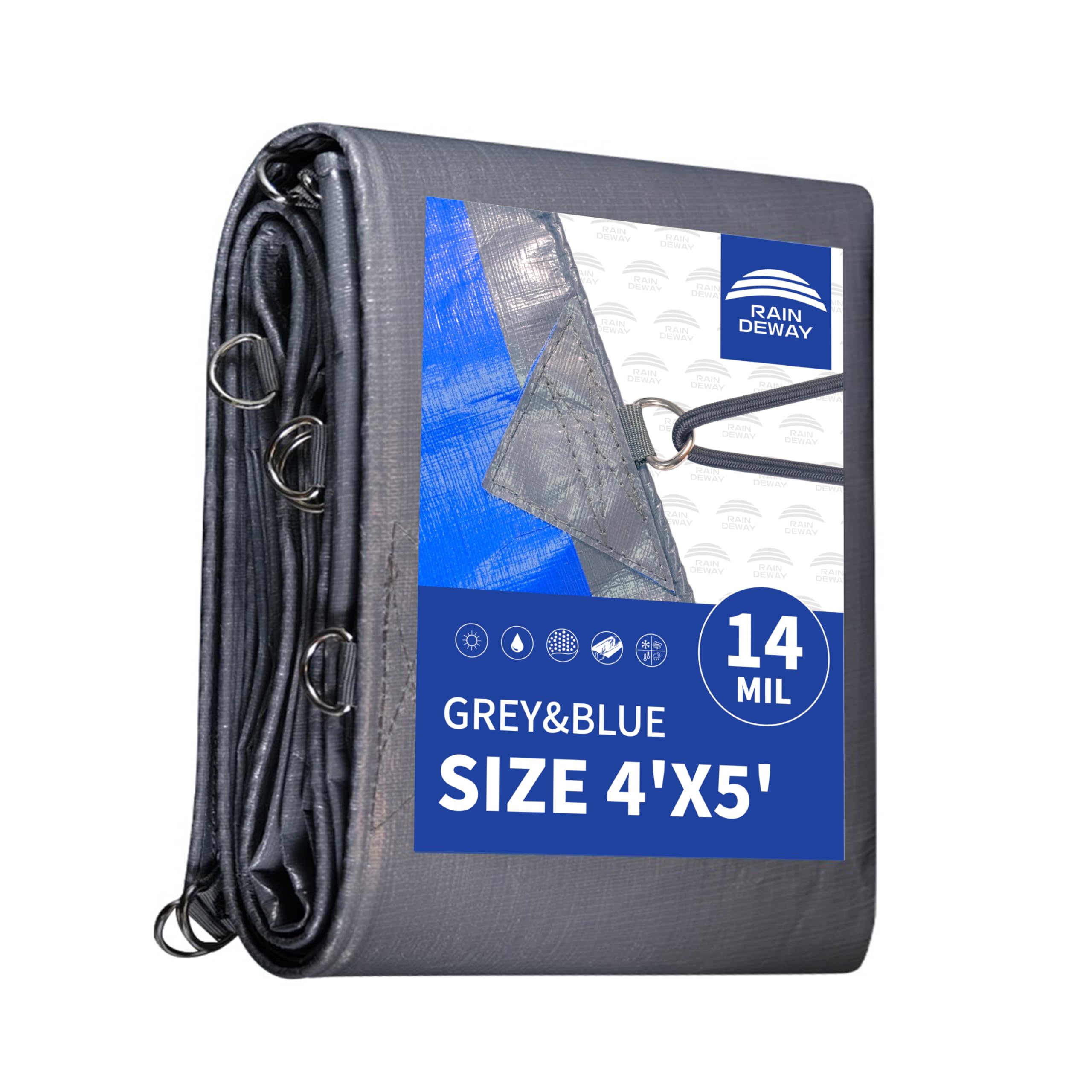 Photo 1 of RAINDEWAY Tarps Heavy Duty Waterproof 4x5 Feet -14 Mils Super Heavy Duty Tarp with Metal Rings and Reinforced Corners and Edges, UV Resistant, Multipurpose Poly Tarp,Blue/Gray tarp