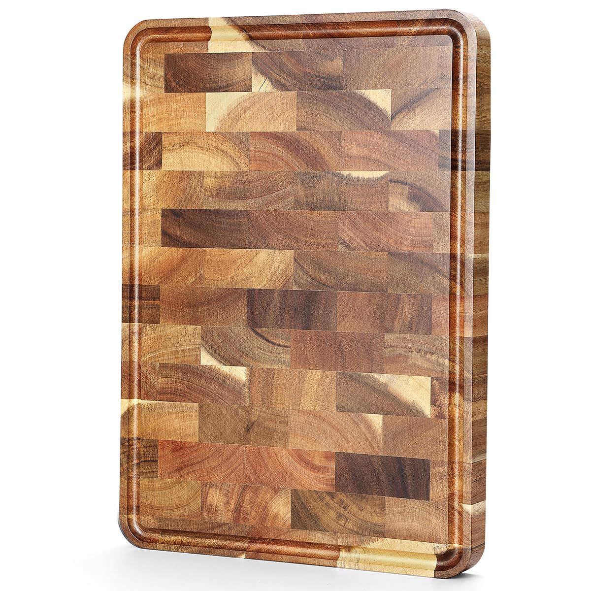 XINZUO Acacia Wood Cutting Board for Kitchen End Grain (13.8''L x 9.8''W x 1''T)-Wooden Chopping Board Meat Cutting Board with Non-Slip Feet, Side Handles and Juice Groove