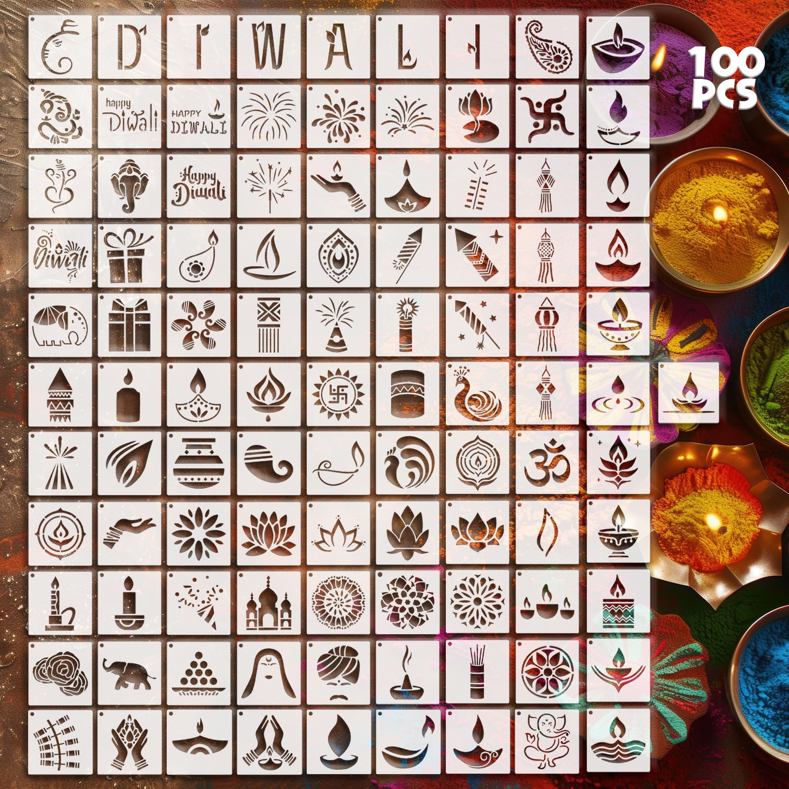 Photo 1 of 100 Pcs Rangoli Diwali Stencils for Painting Crafts Reusable Mandala Small Painting Stencils Traditional Festival Drawing on Wood Fabric Wall Paper for DIY Art Home Decor (Diwali)