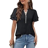 Gaharu Womens Dressy Casual Shirts Ruffle Short Sleeve Zipper V Neck Tops Work Business Office Blouse