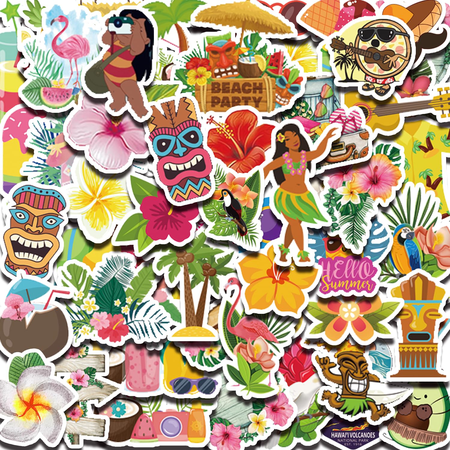 Photo 1 of 205 Pcs Hawaiian Stickers, Hawaii Tropical Luau Tropical Stickers Hawaiian Party Favors Supplies Birthday Summer Beach Stickers for Water Bottle Laptop Luggage Cup Scrapbook Notebook