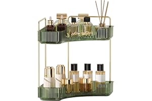 YCIA&DONE Corner Bathroom Counter Organizer, Makeup Organizer for Vanity, Skincare Cosmetic Perfume Tray, Corner Countertop Shelf Rack Storage for Bathroom Kitchen 2 Tiers (Vintage Green)