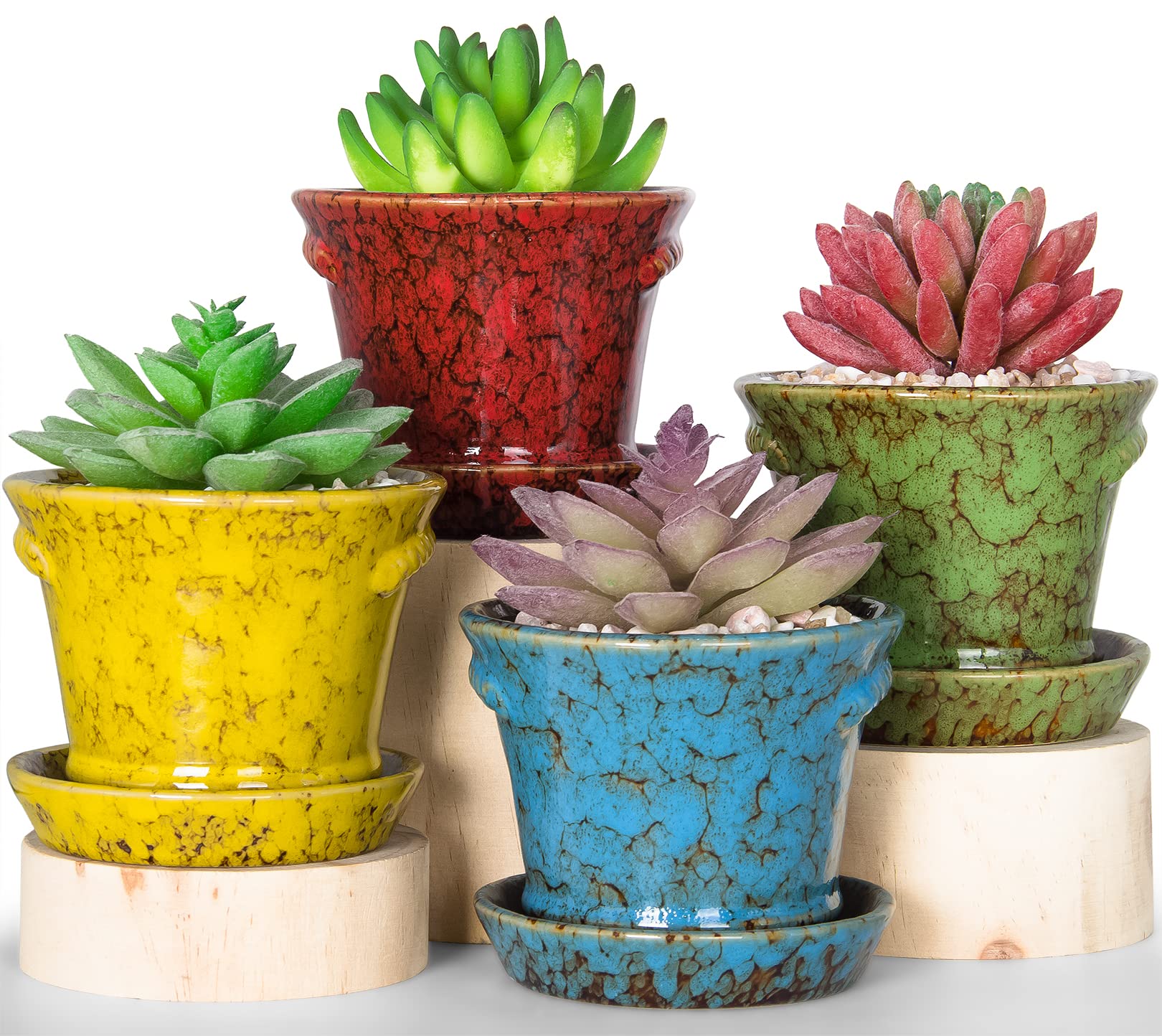 ARTKETTY Succulent Plant Pots, 10.5CM Modern Ceramic Cactus Plant Pots with Drainage Hole & Saucer Mini Glazed Flower Pots Tiny Plant Container Perfect for Indoor/Outdoor Plants Pack of 4