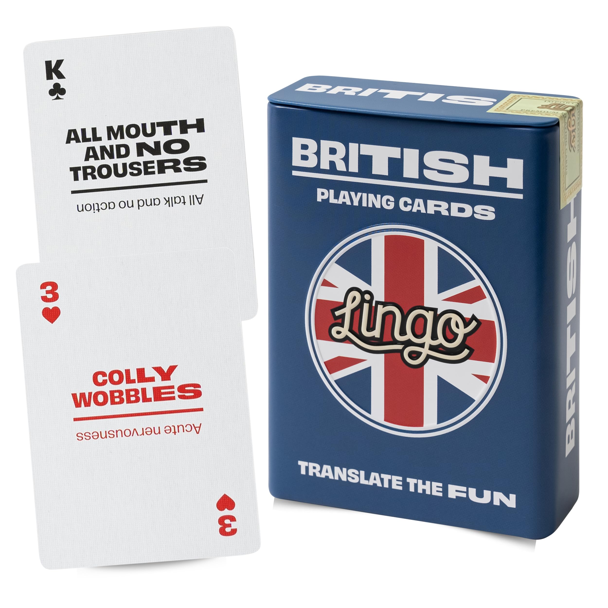 Lingo British Slang Playing Cards in Wayfarer Tin Box | Travel Flashcards | Learn British Vocabulary in A Fun & Easy Way | 52 Essential Translations