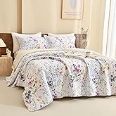 Sanracie 100% Cotton Quilt King Bedding Set(110"x98")-Floral Quilted Bedspreads Set,3pcs Yellow Wild Flower Botanical Printed Pattern Quilt Bedding Coverlet Summer Soft Lightweight Aesthetic Bedding