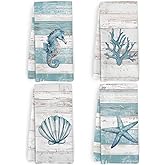 KFXHANGD Beach Coastal Kitchen Towels and Dishcloths Set of 4, Lake House Nautical Beachy Dish Towels, Starfish Seahorses Coral Seashell Decorative Hand Tea Towel for Bathroom Kitchen, 16x24 Inches