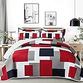 Tyrot 3 Piece Red Black Grey Quilts Full/Queen Size Red Gray Bedding Set | Lightweight Bedspread, Geometric Coverlet with 2 Sham, Modern Abstract Soft Microfiber, Bed Cover for All Season, 90''x96''