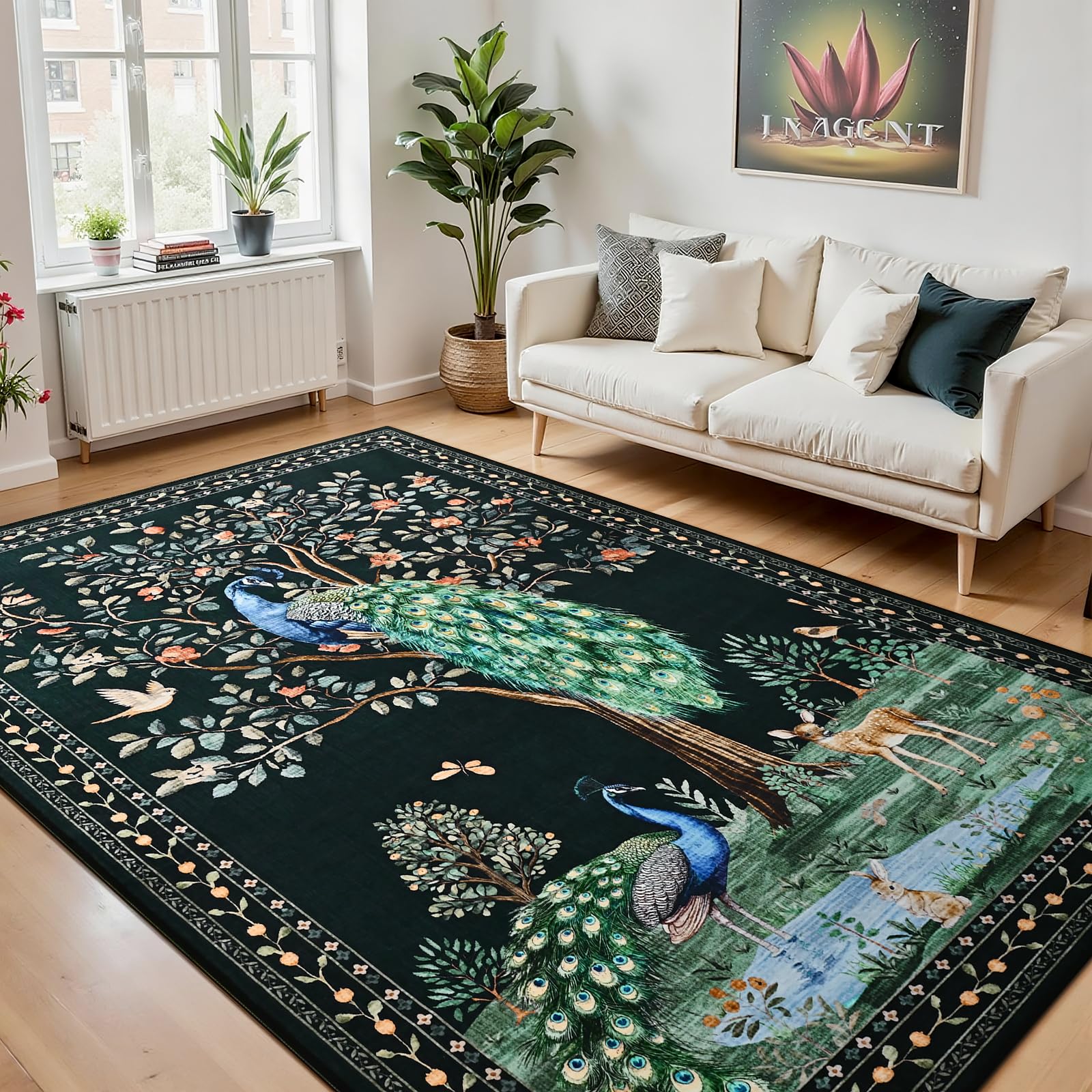 Photo 1 of junovo 3X5 Jungle Animal Print Area Rug for Living Room, Washable Non-Slip Bedroom Rugs, Soft Low Pile Peacock Floral Carpet for Dining Room Playroom Nursery (Dark)