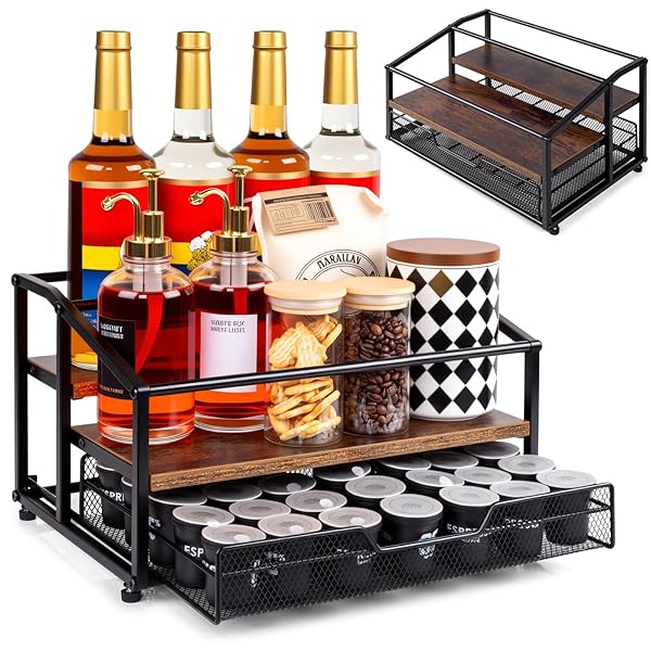 KIMILUS COFFEE SYRUP RACK ORGANIZER, 3-TIER 8 BOTTLE SYRUP RACK WITH 35 K CUP DRAWER FOR COFFEE BAR, COUNTERTOP BOTTLE HOLDER STAND FOR DRESSING FOR KITCHEN CAFE STATION