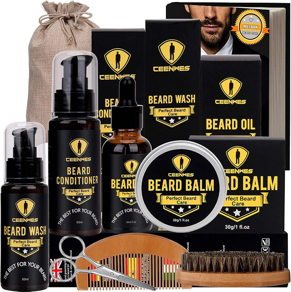 Ceenwes 10 in 1 Beard Grooming Kit for Men with Oil Balm Brush Comb Scissors
