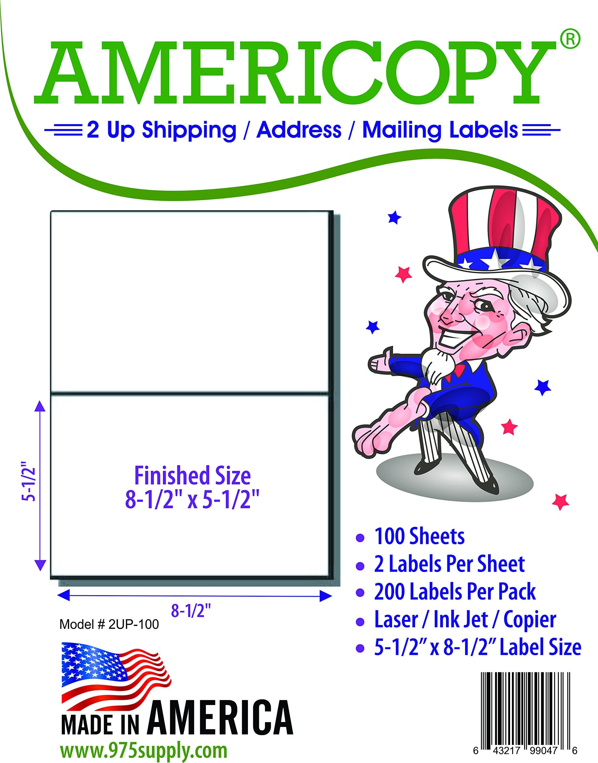 Half Sheet Shipping and Mailing Labels, Americopy, 5.5 x 8.5 inches, Made in The United States (200 Labels)