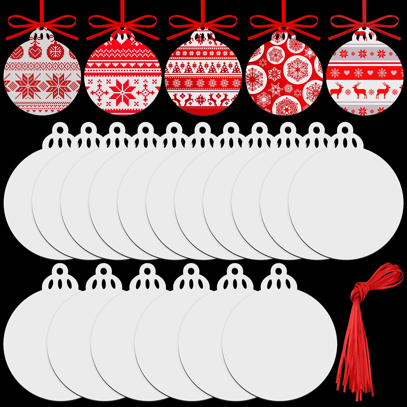 Jetec 12 Pieces Sublimation Ornament Blanks With Red Rope MDF DIY Personalized Round Sublimation Blank Pendants Heat Press Heat Transfer Crafts For Christmas Tree Hanging Decorations 3 X 35