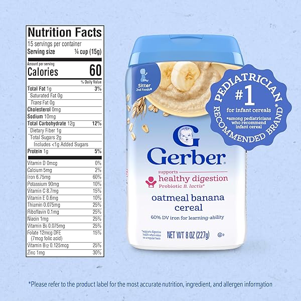 GERBER STAGE 2 BABY FOOD, OATMEAL BANANA CEREAL, PROBIOTICS SUPPORT HEALTHY DIGESTION, BABY OATMEAL CEREAL