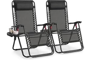 SONGMICS Set of 2 Zero Gravity Chairs, Folding Sun Loungers with Tray, Adjustable Headrest, for Patio, Garden, Max. Load 110 