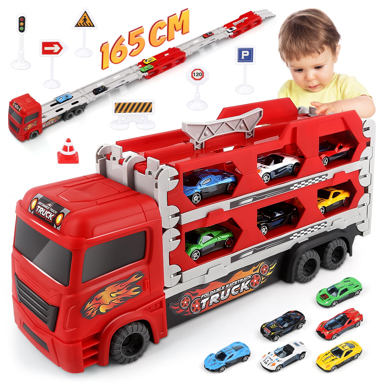 Aoskie Transport Truck Spielzeugautos für Jungen im Alter von 3, 4, 5, 6 Jahren, tragbares Rennbahn Truck Spielzeugauto mit 6 Rennautos, Transporter Fahrzeug Spielzeug Set für Kinder