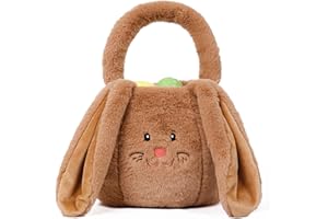 OurHonor Easter Basket Plush, Bunny Easter Basket For Kids, Plush Easter Buckets With Long Ear Easter Bags for Boys Girls, Easter Tote Bags For Decorations Gifts Storage (Brown)