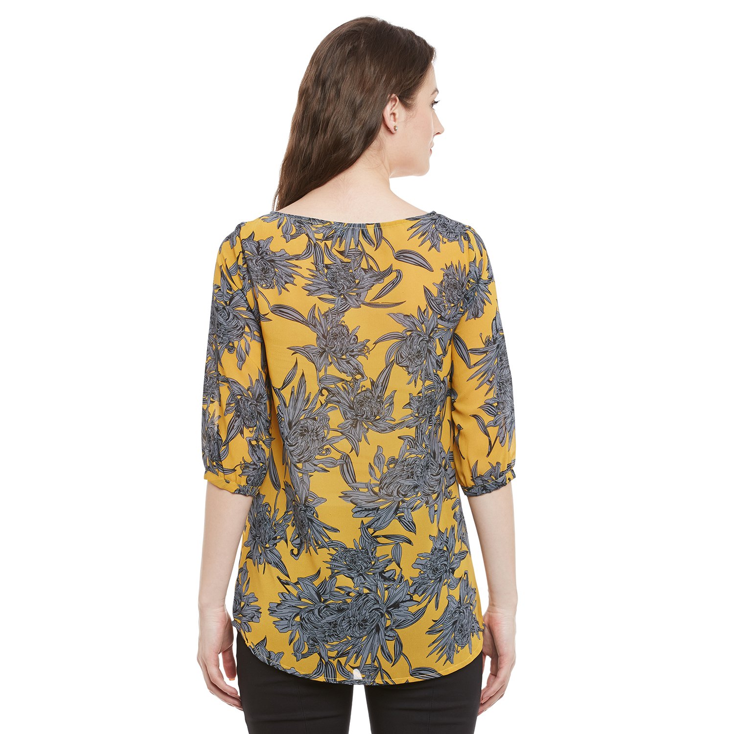 ruhaan's women's crepe mustard and grey floral printed top (bs_7066)