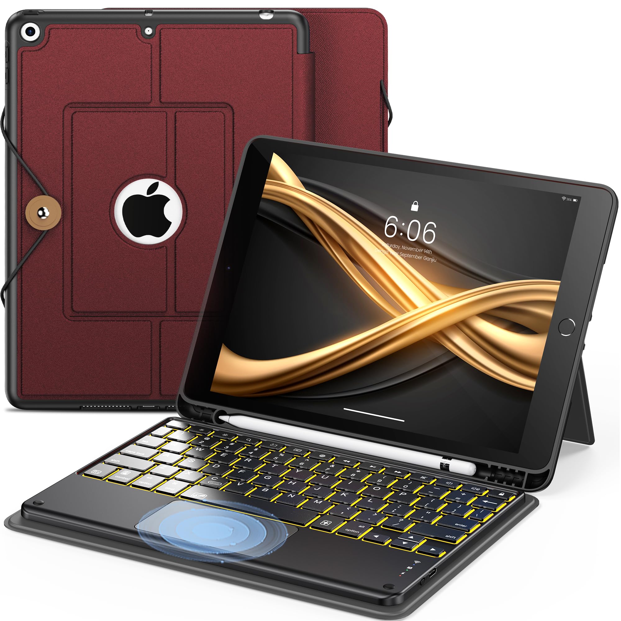 Photo 1 of INFILAND Keyboard Case for iPad 9th/8th/7th Generation 10.2 Inch, 7-Color Backlight & High Precision Trackpad, Slim Detachable Folder Style Keyboard Case with Pencil Holder (02-Burgundy)