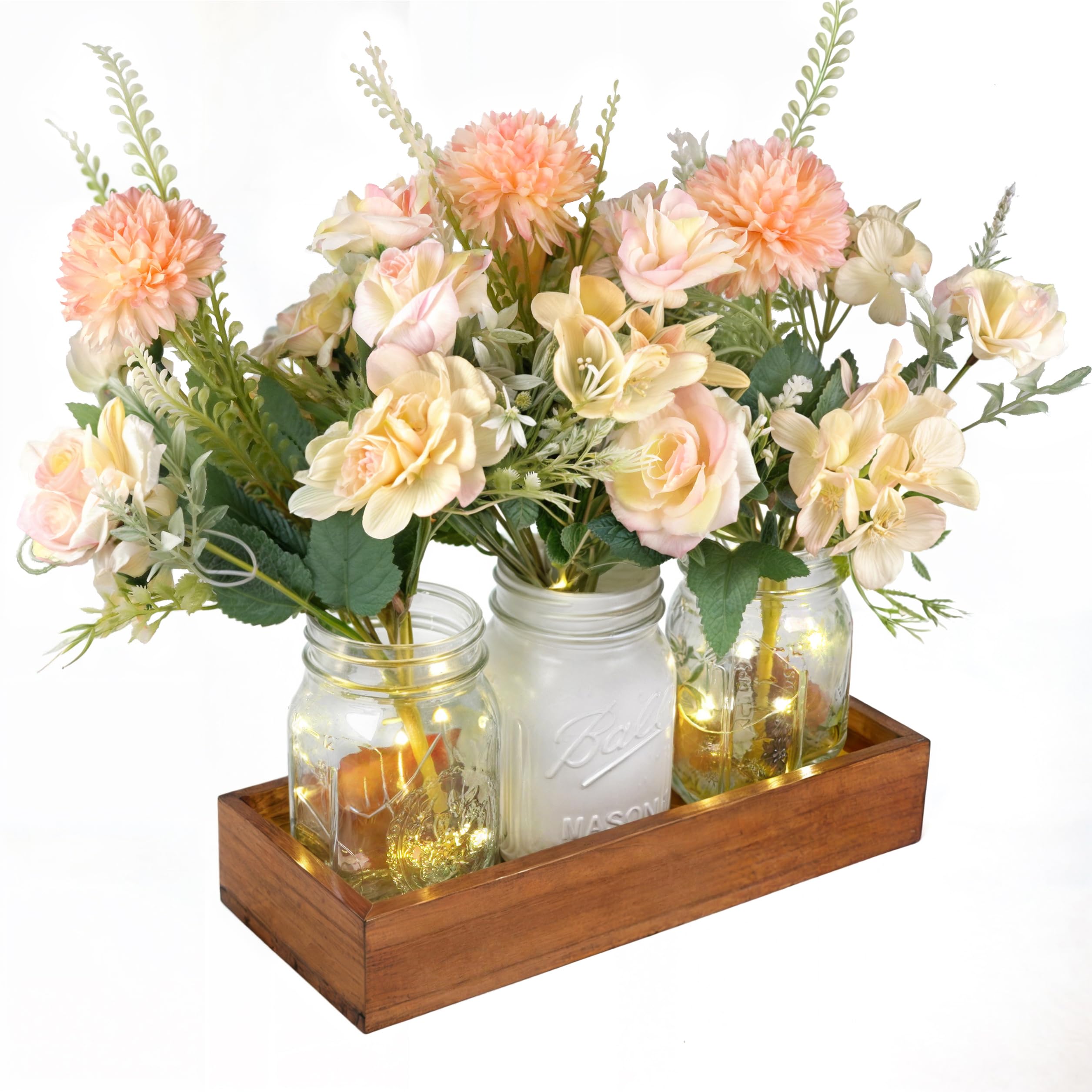 Photo 1 of LIOZLIOLY Dining Mason Jar Lights Centerpiece Table Decorations for Dining Room Farmhouse Coffee Table Decor with Wood Tray, 3 Jars Artificial Flowers and Led Light for Kitchen Living Room (Orange)