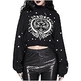 BEAUDRM Women's Gothic Grunge Sweater Cat Graphic High Neck Long Sleeve Crop Sweater Pullover Knitwear