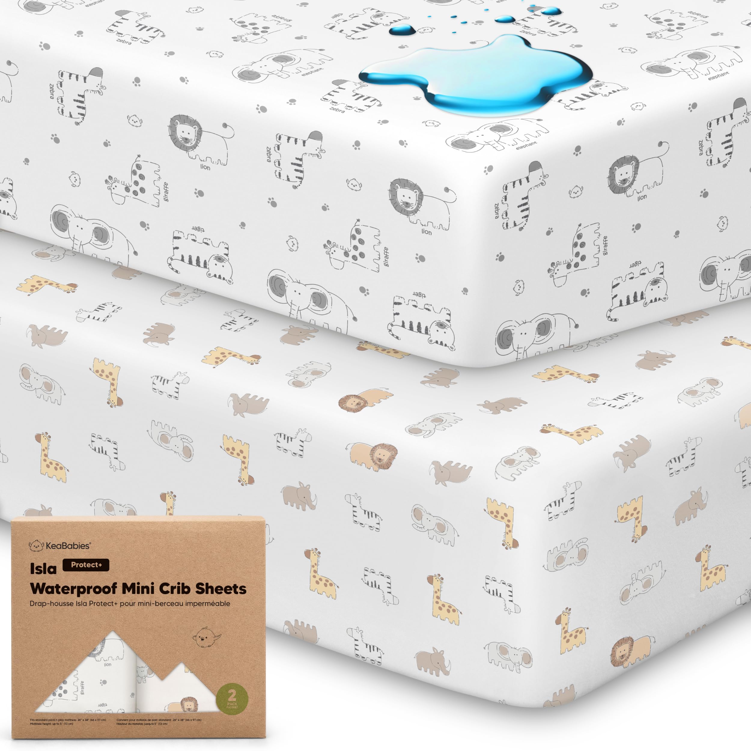 Photo 1 of 2-Pack Waterproof Pack and Play Sheets, Mini Crib Sheets Fitted for Boy, Girl - 38 x 26 Viscose from Bamboo Pack N Play Mattress Sheets for Graco, Toddler Playard Baby Crib Sheets Neutral (KeaSafari)