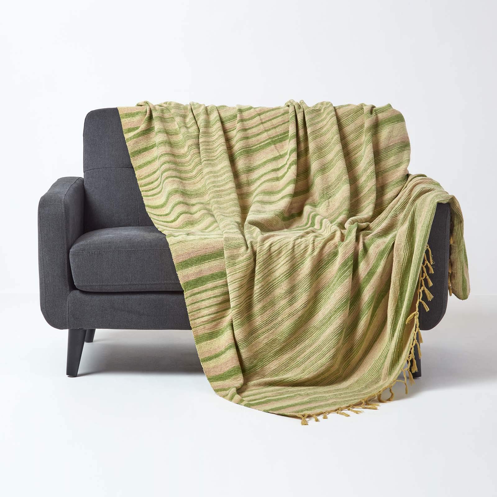 HOMESCAPES Bed Sofa Throw Cotton Chenille Tie and Dye Green 150 x 200 cm or 60 x 79 inches