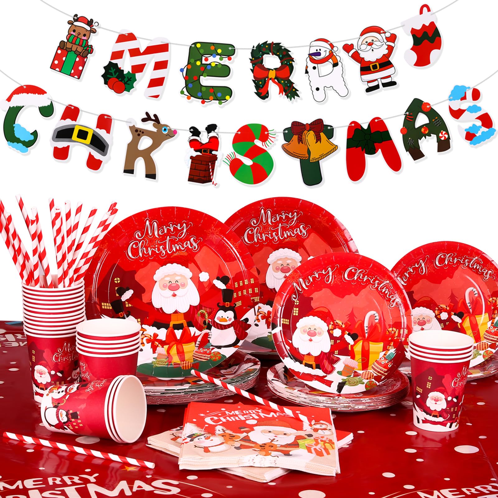 GWHOLE 122 PCS Christmas Paper Plates Holiday Tableware Dinner Set Include Plates Napkins Cups Straws Banners PVC Tablecloth for Xmas Table Decorations Party Supplie(Serves 24)