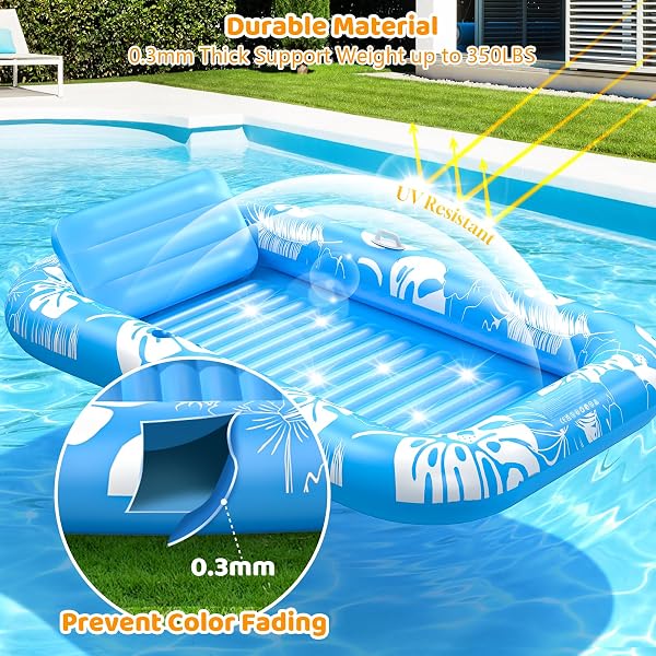INFLATABLE TANNING POOL LOUNGER FLOAT WITH SPRINKLER, 77″ X 48″ POOL FLOATS ADULT WITH PILLOW, 6 IN 1 SUNTAN TUB RAFT FLOATIE WITH DRINK HOLDER SUNBATHING WATER LOUNGE