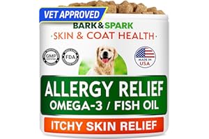 BARK&SPARK Dog Allergy Relief Chews - Anti-Itch Skin & Coat Supplement - Omega 3 Fish Oil - Itchy Skin Relief Treatment Pills - Itching&Paw Licking - Dry Skin&Hot Spots - (60 Immune Treats - Chicken)