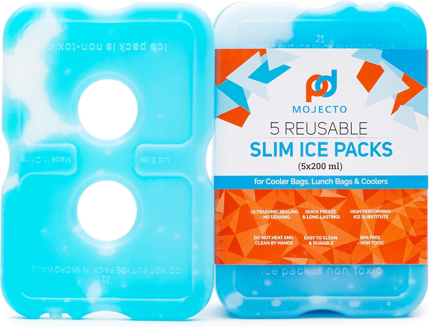 MOJECTO Slim Leakproof Space Saver Ice Pack (Set of 5) for Cooler Lunch Bags. Keep Food and Beverages Cold for Hours. Reusable, Long-Lasting, Freezer-Safe.