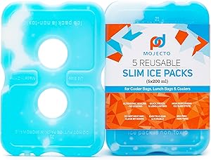 MOJECTO Slim Leakproof Space Saver Ice Pack (Set of 5) for Cooler Lunch Bags. Keep Food and Beverages Cold for Hours. Reusable, Long-Lasting, Freezer-Safe.