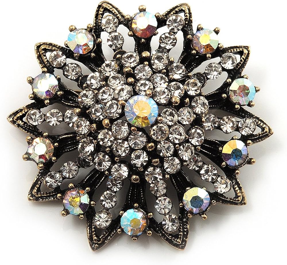 Clear/Iridescent Crystal Dimensional Floral Corsage Brooch (Antique Gold Tone), white / ivory, gold