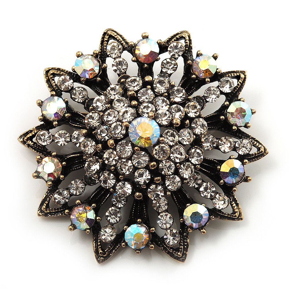 Clear/Iridescent Crystal Dimensional Floral Corsage Brooch (Antique Gold Tone)