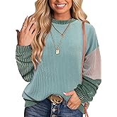Fayenne Long Sleeve Shirts for Women Fall Fashion Crewneck Color Block Knitted Cute Tops Work Fall Clothes Trendy