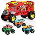 KARMOUNT 4-in-1 Mounster Truck Transport Carrier Playset, Red Mover Rhino Toy Cars Hauler Set for Children, Including 3 Diecast Monster Trucks, Ideal Gift for Kids 3+