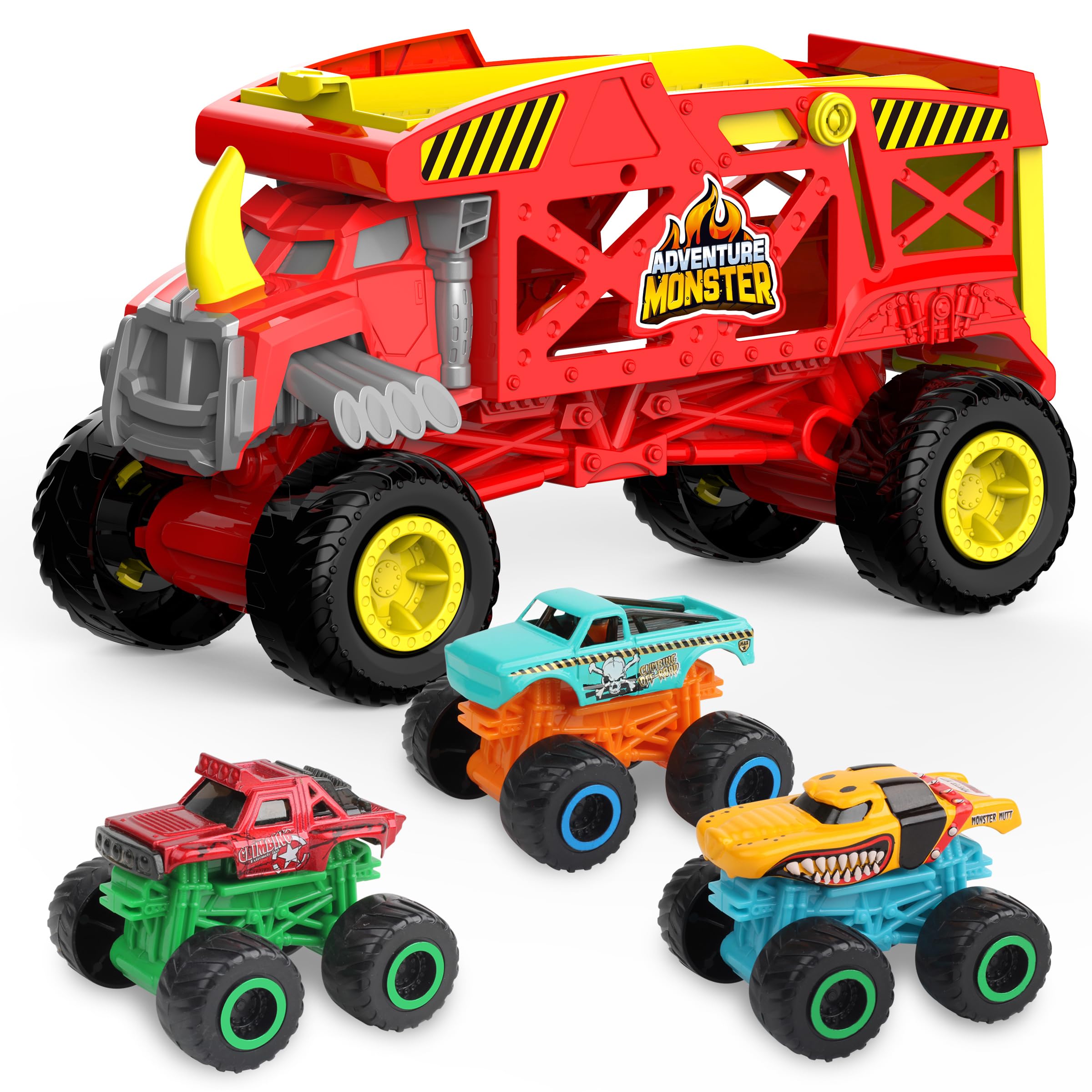 KARMOUNT 4-in-1 Monster Truck Transport Carrier Playset, Red Mover Rhino Toy Cars Hauler Set for Children, with Super Ramp Launch, Including 3 Diecast Trucks, Kids 3+ (SQ86002-2)