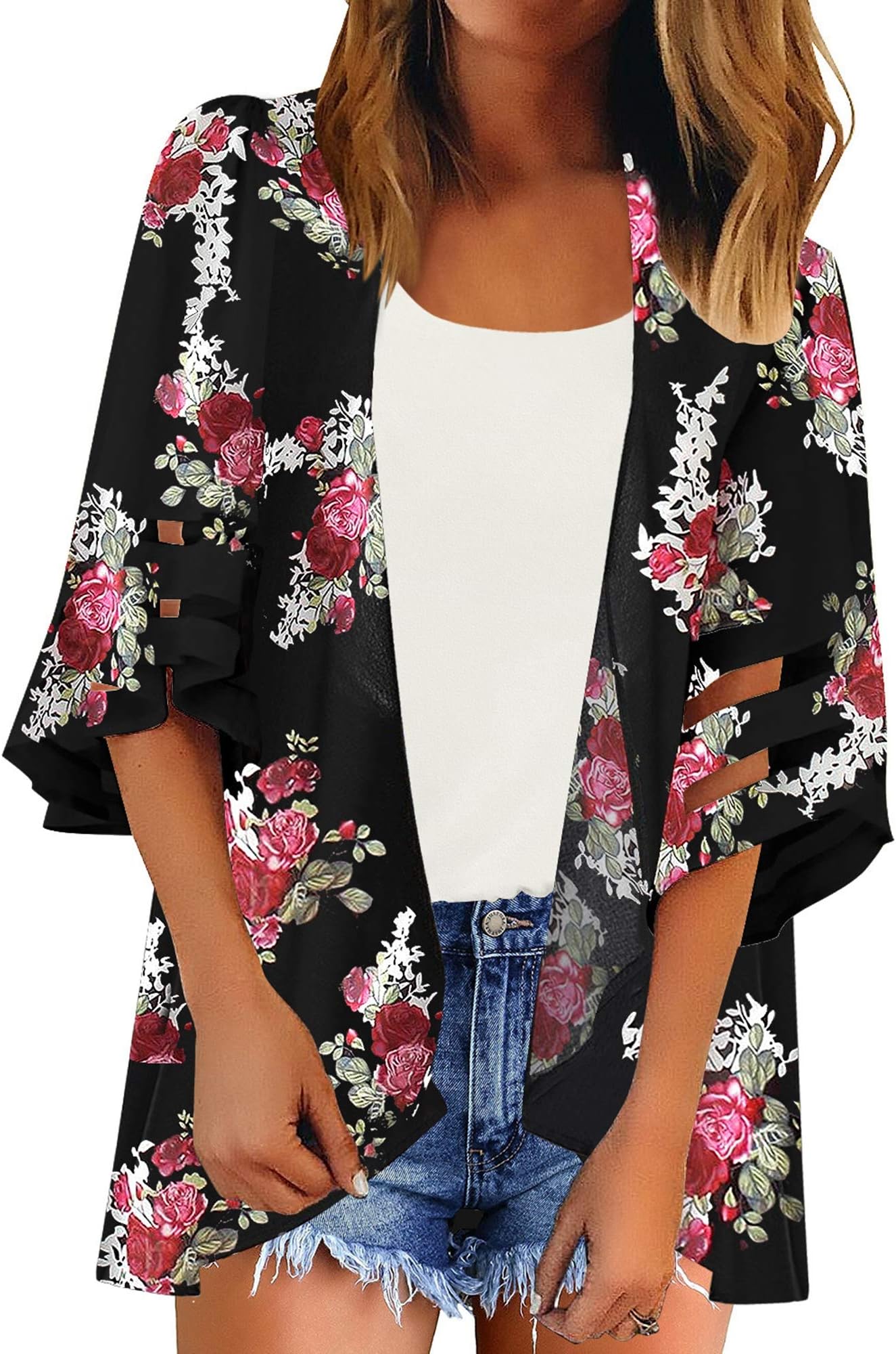 Luyeess Women's V Neck Mesh Panel Chiffon 3/4 Bell Sleeve Blouse Top Shirt Tee