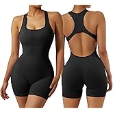 RXRXCOCO Women's Sexy Sleeveless Yoga Jumpsuits Shorts Bodysuit One Piece Deep Scoop Neck Backless Bodycon Jumpsuits
