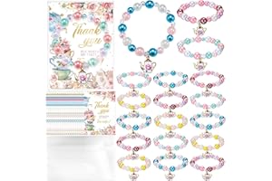 Misdary Tea Party Favor Bracelets Kids Set Include Mini Flower Teapot Beaded Bracelet Thank You Cards Transparent Bags Gifts Tea Party Accessories for Women Girls Birthday Decorations