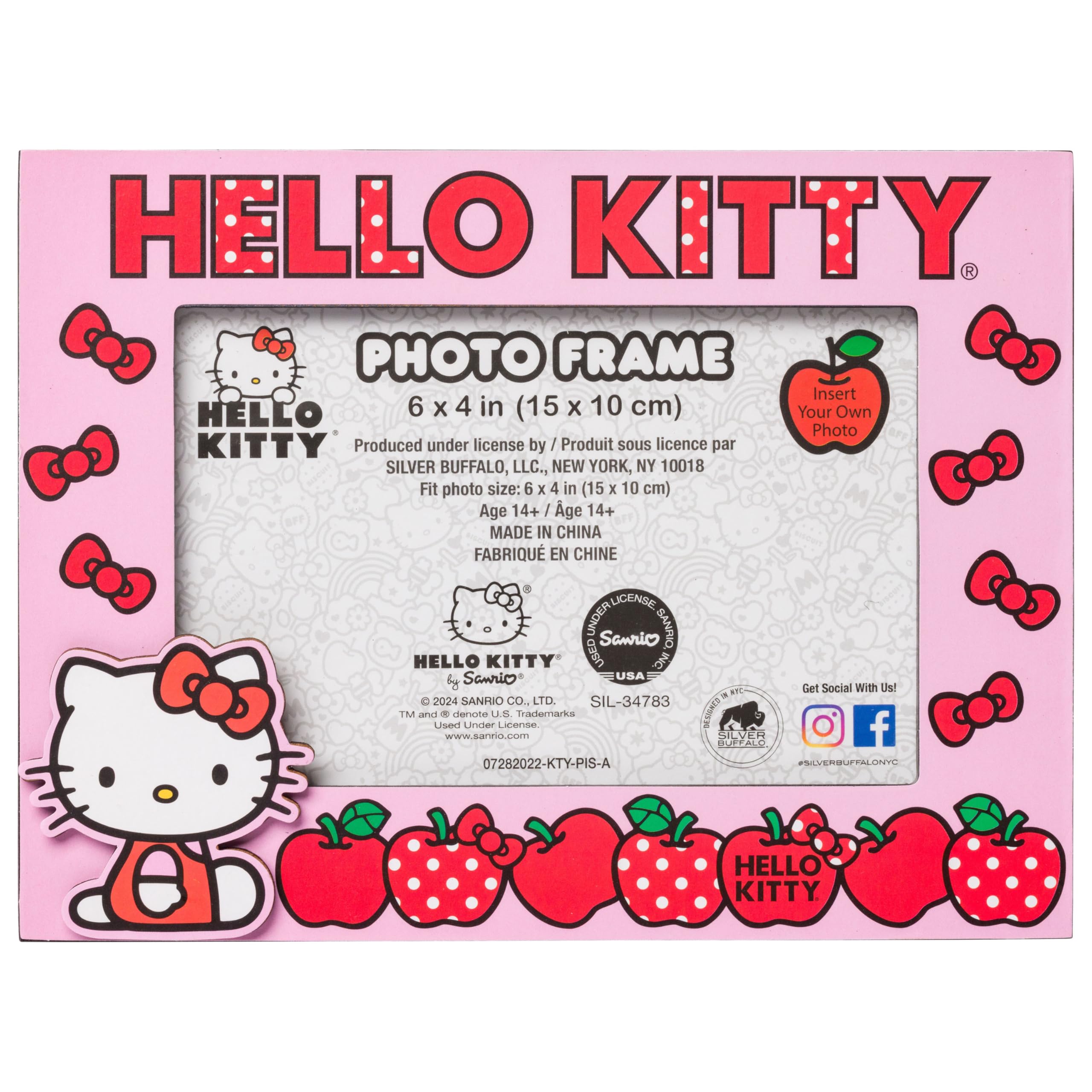 Photo 1 of ***JUST FRAME*** Silver Buffalo Sanrio Hello Kitty Apples and Bows Photo Picture Frame, Pink, 4 x 6 Inches