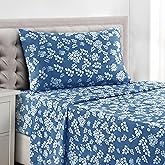LUX Décor Floral Twin Sheet Set - 3 Piece Ultra-Soft Microfiber Bed Sheets with Flat Sheet, 16 Inches Deep Pocket Fitted Sheet & Pillowcases, Breathable, Bedroom Decor, Oeko-TEX - Navy Blue