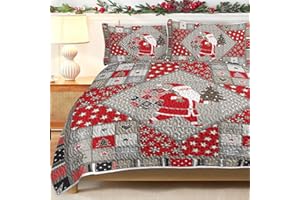 BlessLiving Kids Christmas Bedding 3 Piece Red Santa Claus Pattern King Quilt Set Soft Microfiber Gray Poodle Star Heart Bedspread for Kids (Red Grey, size104 x90)