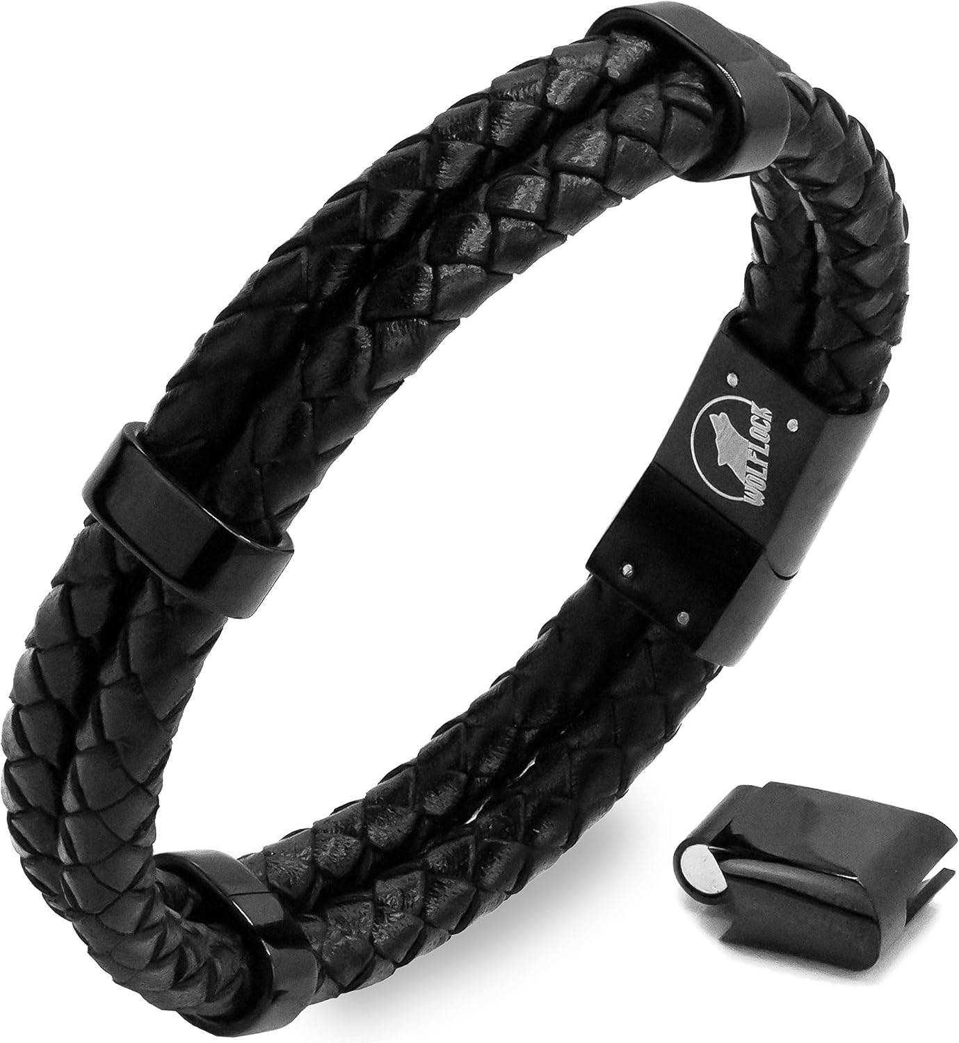 Wolflock Men's Leather Bracelet, Black, 20 cm