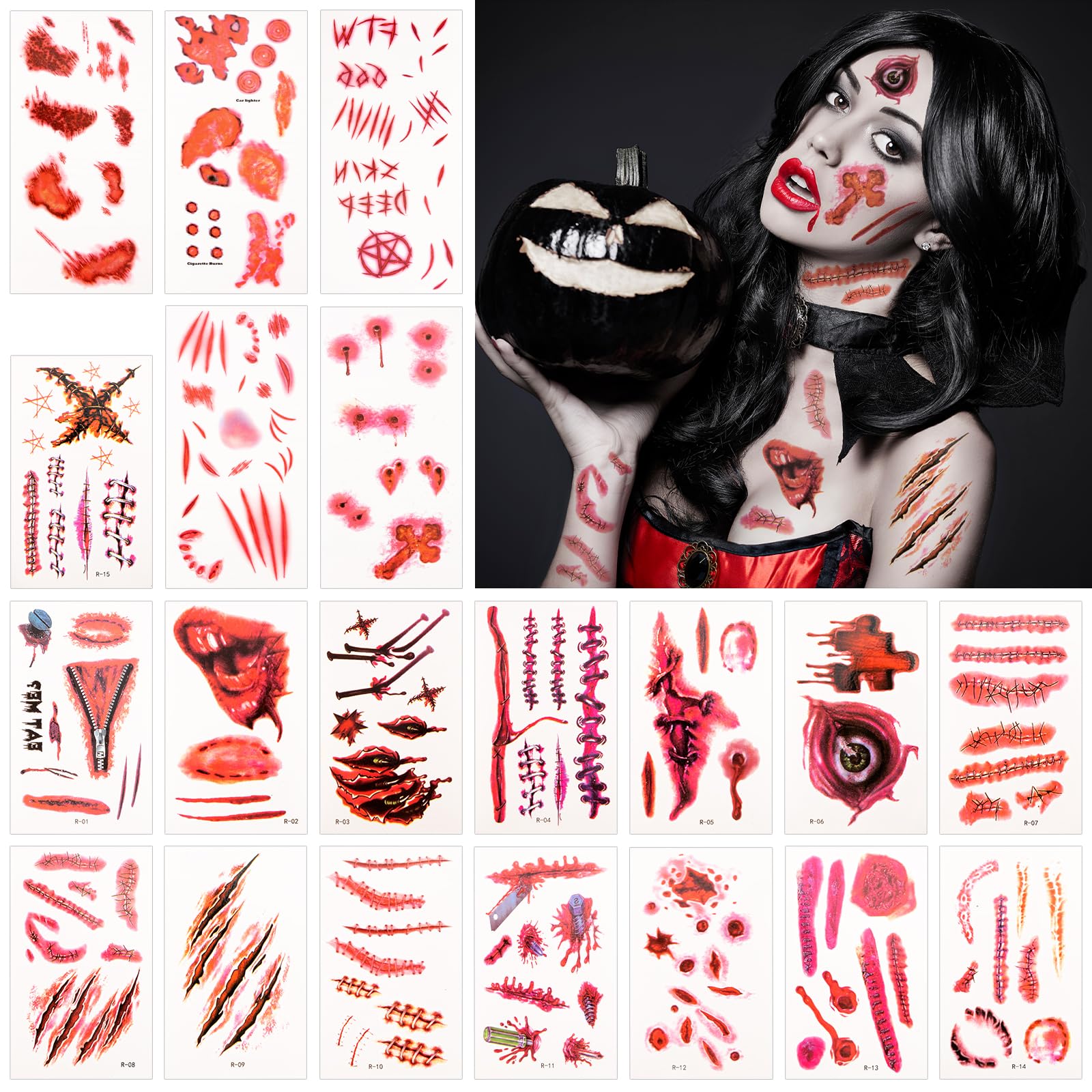 Alintor Halloween Make up Tattoos - Face Tattoo Stickers, 180 PCS(5 Large+15 Small) Fake Blood Scars Wounds Zombie Tattoo for Women, Men, Kids